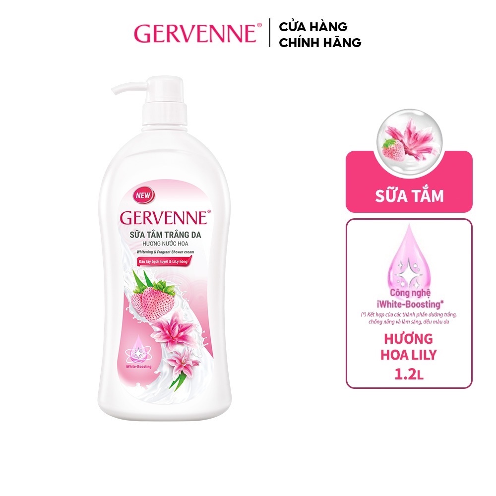 Sữa tắm trắng da hương nước hoa Gervenne Dâu Tây Bạch Tuyết và Lily Hồng (1.2L/chai)