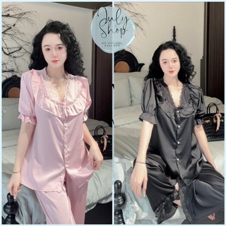 Đồ bộ tiểu thư cổ bèo viền ren tay ngắn thiết kế chất lụa latin cao cấp freesize