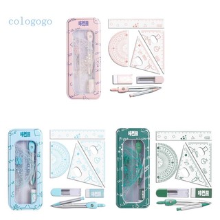 1 bộ dụng cụ học toán gồm thước kẻ + thước đo + la bàn + gôm tẩy hộp kim loại