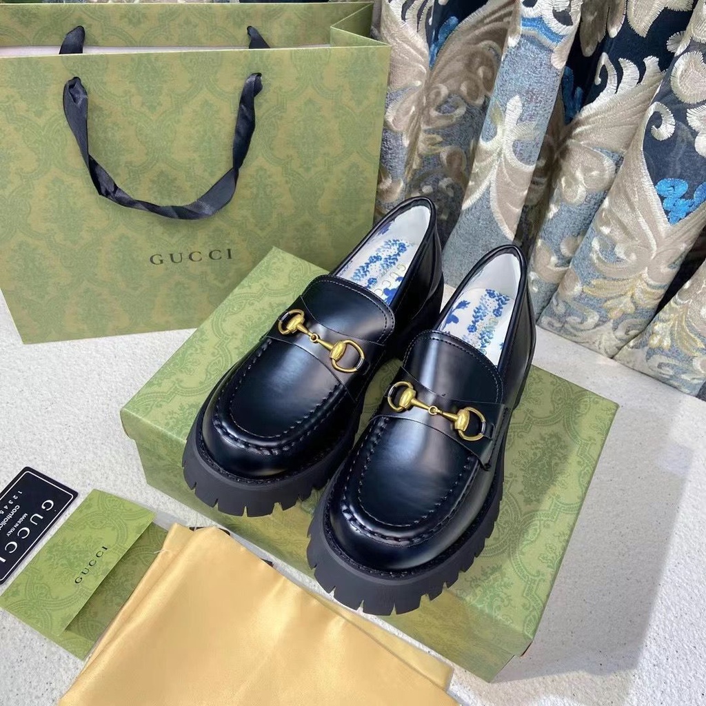 Ntzd Gucci Niche Letter Horsebit Buckle Bee Thickened Loafers Genuine Leather New British Style Small Authentic Leather Shoes