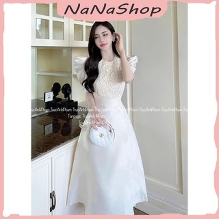 Váy tafta kem cúc ngọc đính đá tay áo phối tơ, Đầm midi xòe ngực đính đá họa tiết ren dáng dài xòe