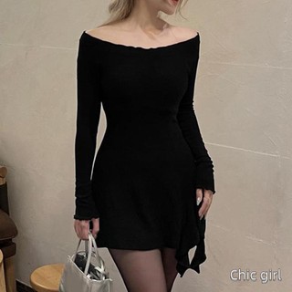 Váy Mini lệch vai dành cho nữ màu trơn dài tay bất đối xứng Ruffle Hem Slim Party Gown