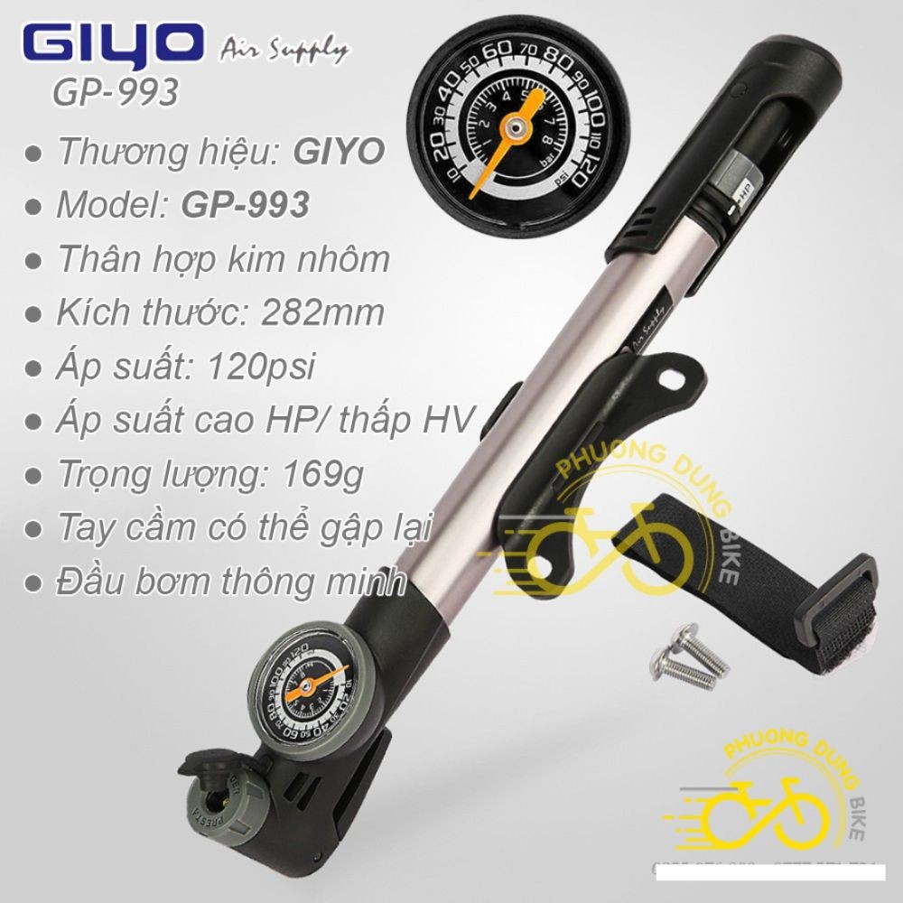 Bơm mini xe đạp Giyo GP-993 có đồng hồ đo áp suất - Van Thông Minh