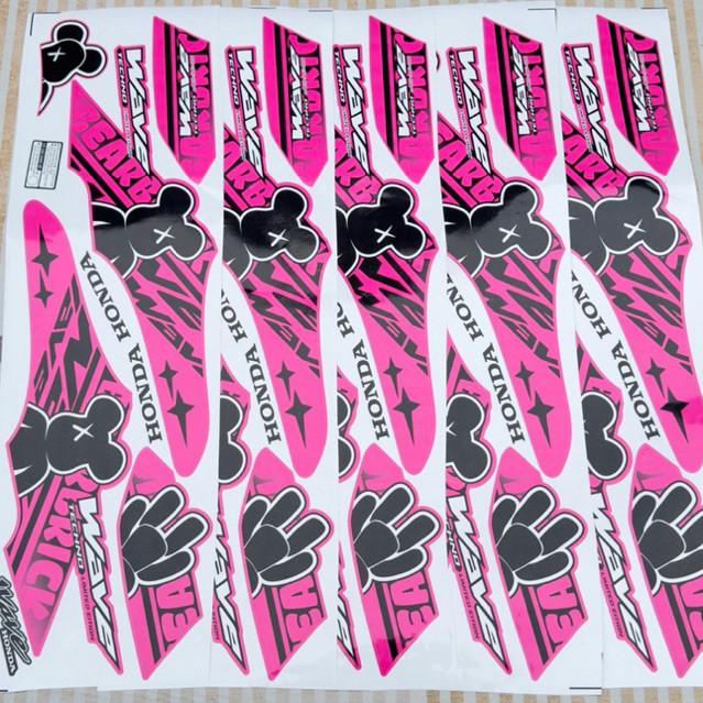 Tem Rời Gấu Dâu Bearbick Màu Hồng Ghép Crom Dán Wave 50/100/110 Chuẩn Phom - Tem Xe Wave