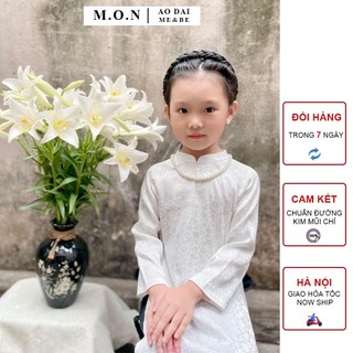 Áo dài trắng bé gái truyền thống gấm tơ dệt hoa chìm