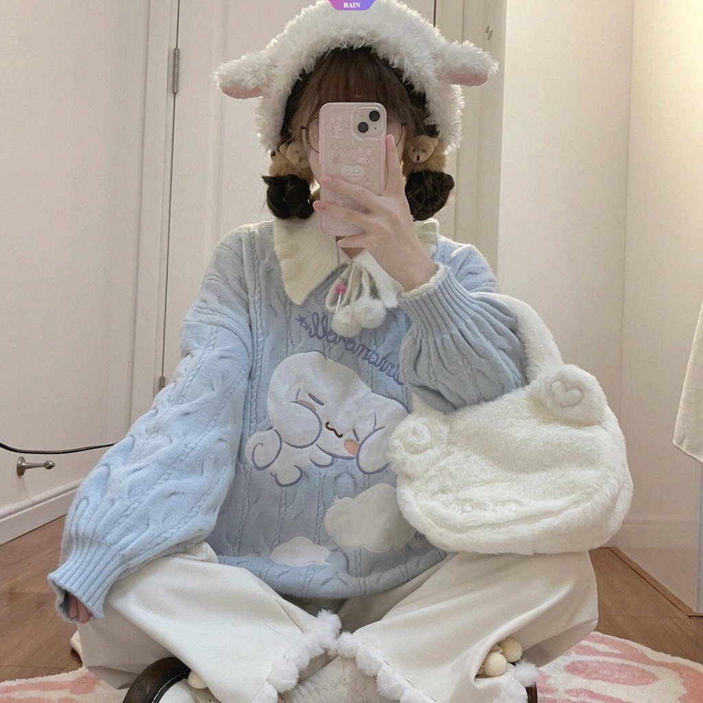 Áo sweater Dệt Kim Tay Dài Dáng Rộng Cổ Chữ v Thêu Hoạt Hình sanrio cinnamoroll Phong Cách Nhật Bản Thời Trang Xuân Thu Cho Nữ y2k