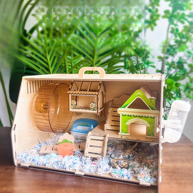 Lồng Nuôi Chuột hamster Bằng Gỗ acrylic Trong Suốt Chống Cắn Gấu Lụa Vàng Sang Trọng Đặc Biệt Hai Lớp