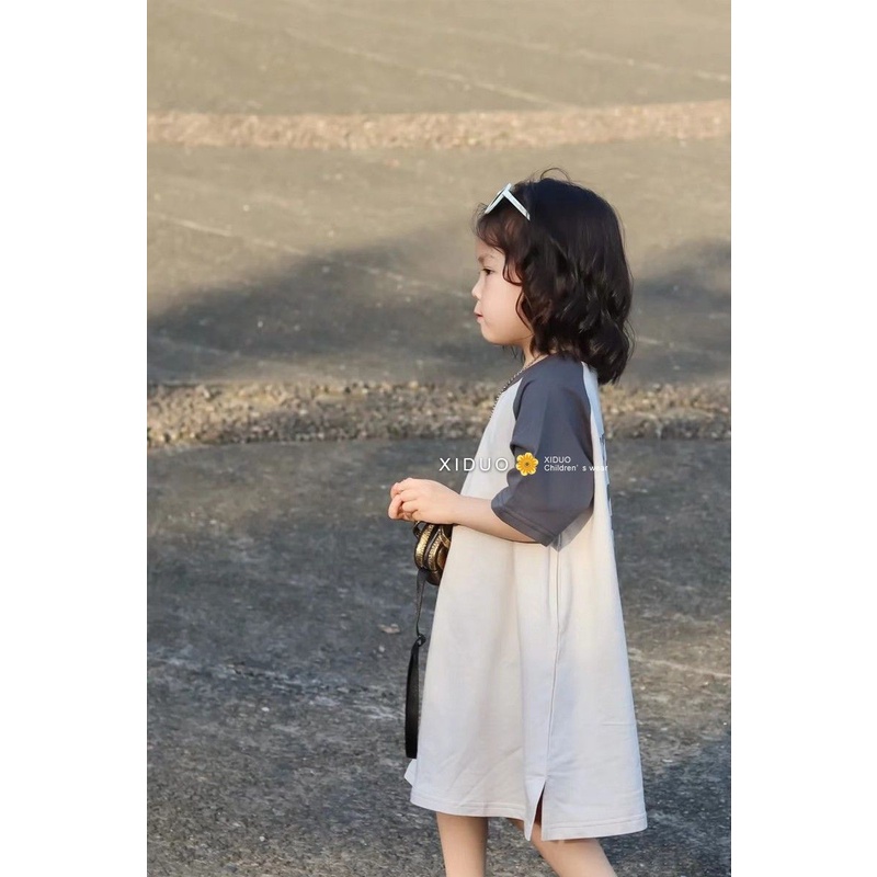 Đầm Thun Dáng Dài Rộng Thời Trang Mùa Hè Hàn Quốc 2023 Màu Sắc Tương Phản Dành Cho Bé Gái