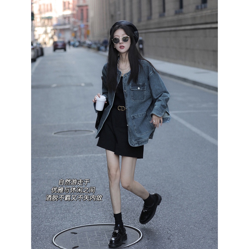 Áo Khoác denim Dài Tay Dáng Rộng Phong Cách retro Hàn Quốc