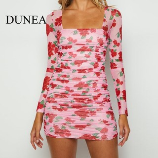 DUNEA Đầm Dài Tay Cổ Vuông In Hoa Quyến Rũ Dành Cho Nữ