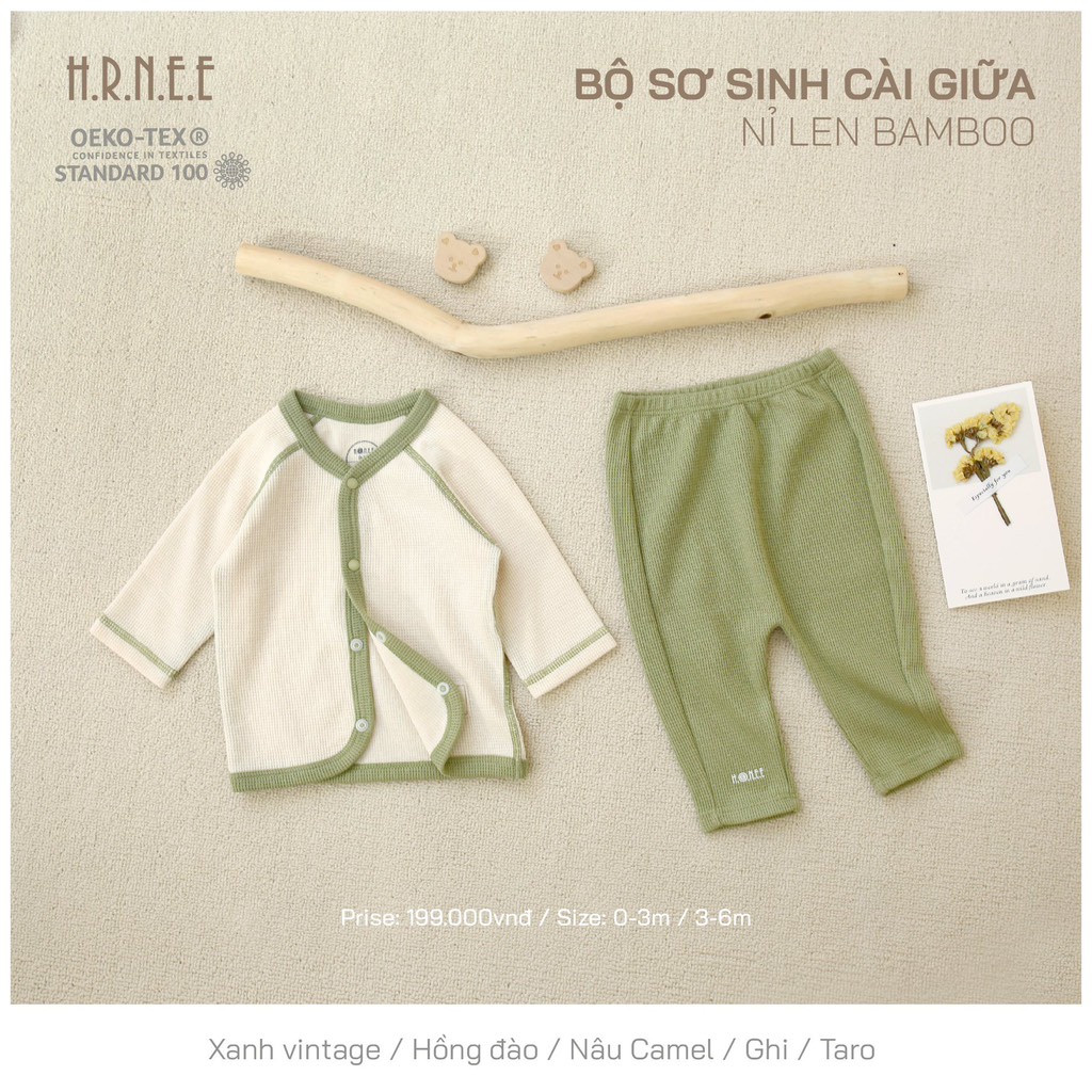 Bộ Hrnee sơ sinh nỉ len cài giữa cho bé