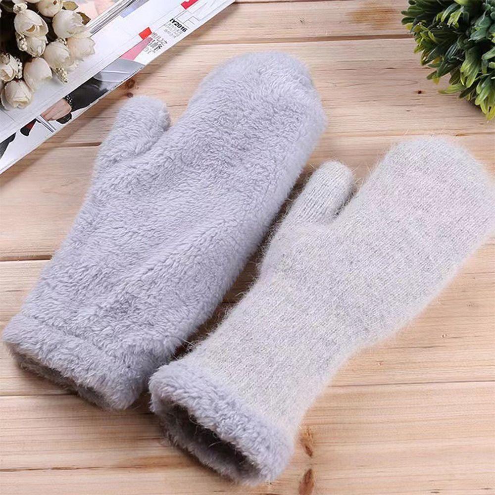 Găng Tay Len Hai Lớp Dày Dặn Ấm Áp Màu Trơn Bảo Vệ Ngón Tay Khi Đạp Xe Mùa Đông