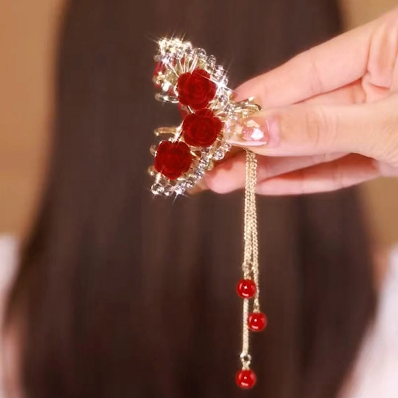 Kẹp Tóc Tua Rua Đính Hoa Hồng Đỏ Phong Cách retro Cao Cấp