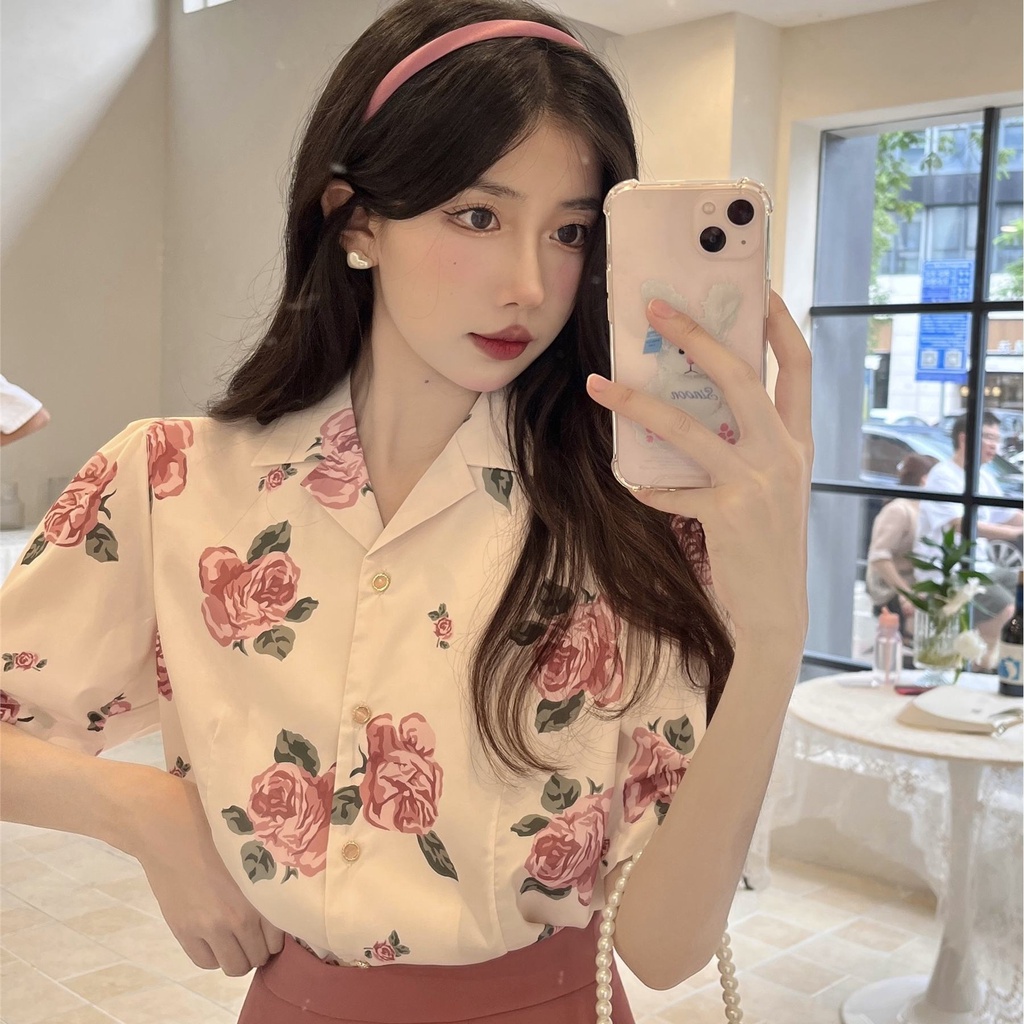 Set Áo Sơ Mi Hoa Hồng Và Chân Váy Phong Cách Pháp Thời Trang Mùa Hè 2023