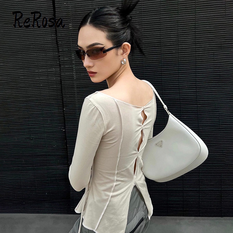 Rerosa Áo Thun Tay Dài Cổ Chữ v Màu Trơn Dáng Ôm Thời Trang 2023 Dành Cho Bạn Nữ