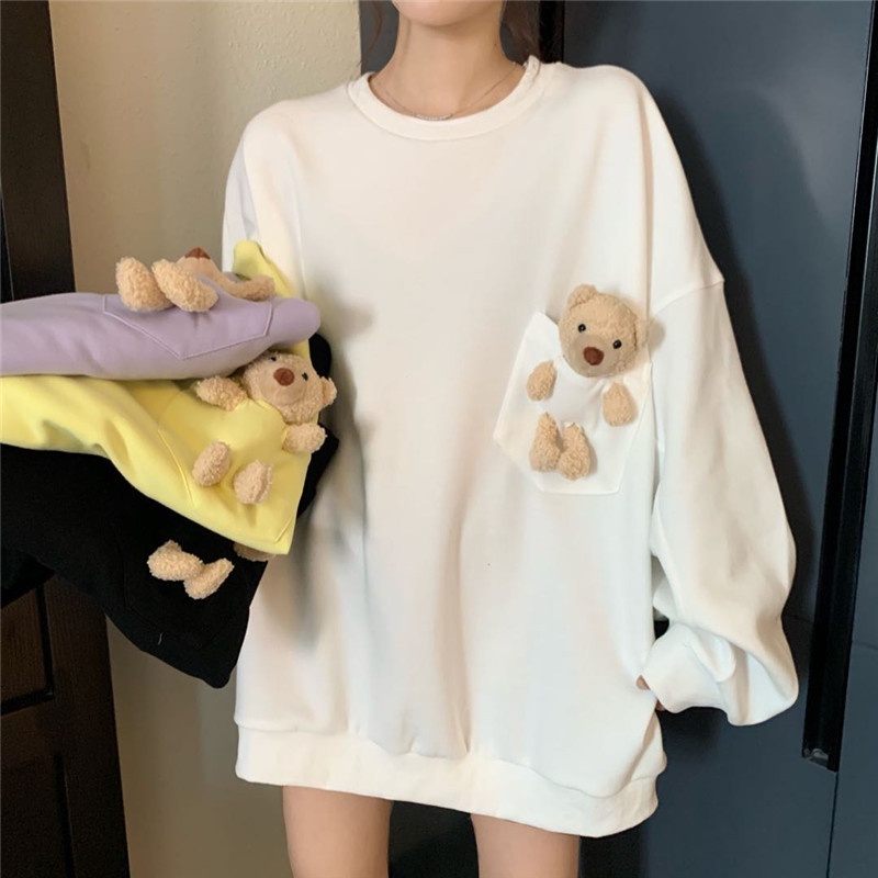 Áo Thun Nỉ Tay Dài In Hình Gấu Thời Trang Mùa Thu 2021 Phong Cách Mới Cho Nữ