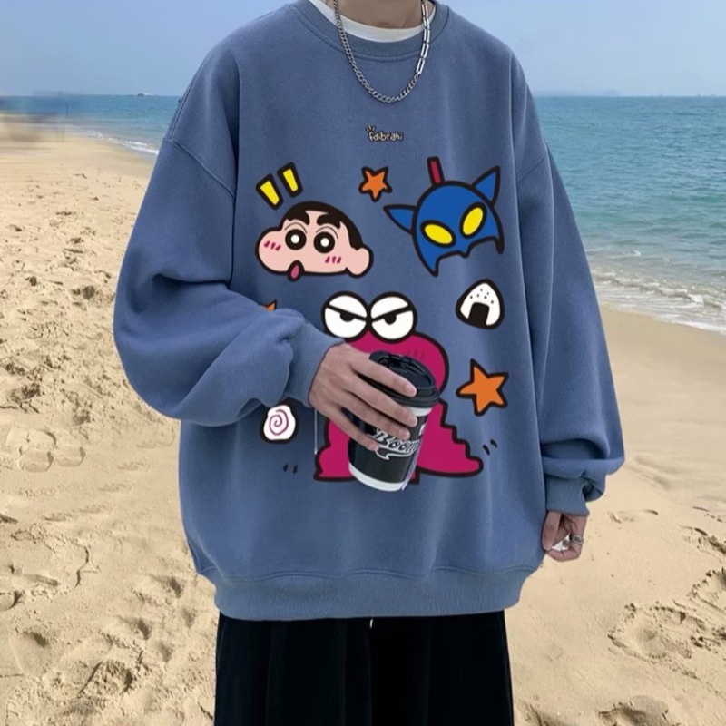 Áo sweater nam bigsize M-8XLÁo Sweater cotton Nhung Dày Tay Dài Cổ Tròn In Hoạt Hình Cậu Bé Bút Chì Shin Thời Trang Mùa Thu Cho Nam