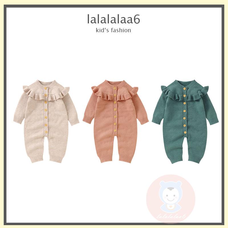 Bộ Áo Liền Quần Dệt Kim Tay Dài Nhún Bèo Màu Sắc Xinh Xắn Cho Bé Gái laa6