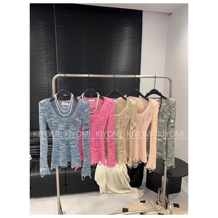 Áo Dệt Kim Tay Dài Dáng Ôm Thiết Kế Rách Thời Trang Mùa Thu Hàn Quốc 2023 Cho Nữ