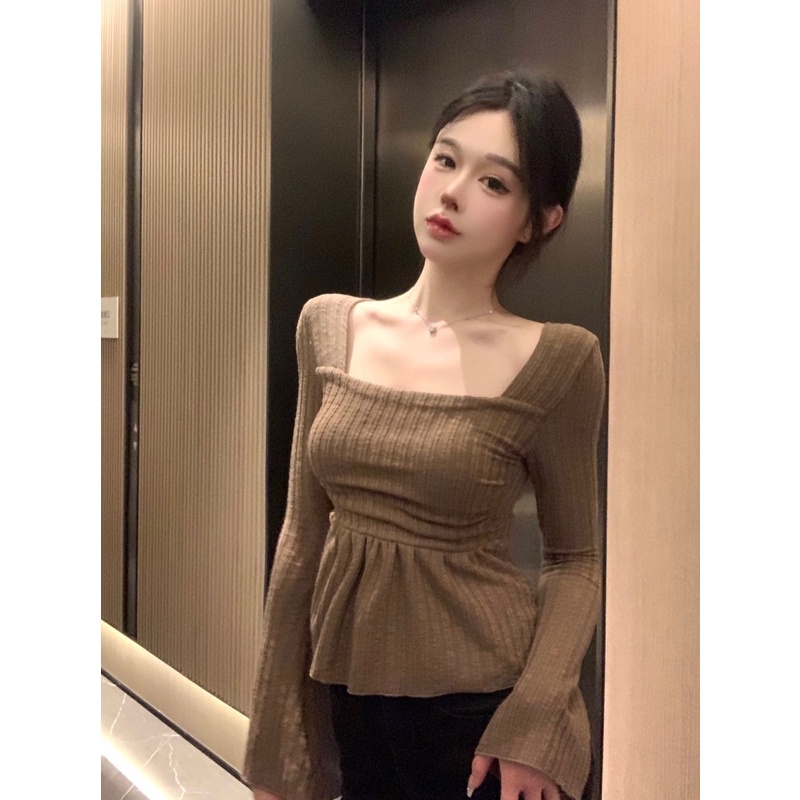 Áo Thun Tay Dài Cổ Vuông Ôm Dáng Thời Trang Mùa Thu Cho Nữ