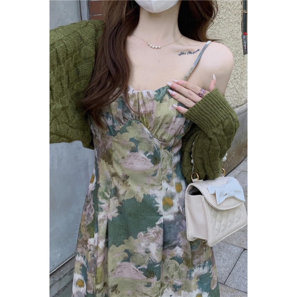 Bộ Áo Khoác cardigan Phối Chân Váy Hai Dây In Hoa Thời Trang Mùa Thu Cho Nữ