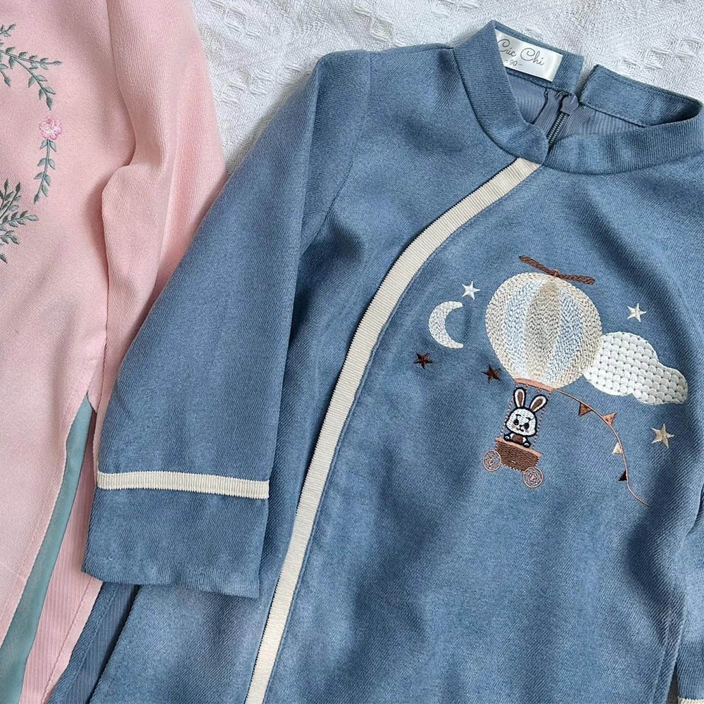 Áo dài bé trai Trung Thu Tết nhung mịn thêu thỏ cung trăng kèm quần nhung baggy Mamla