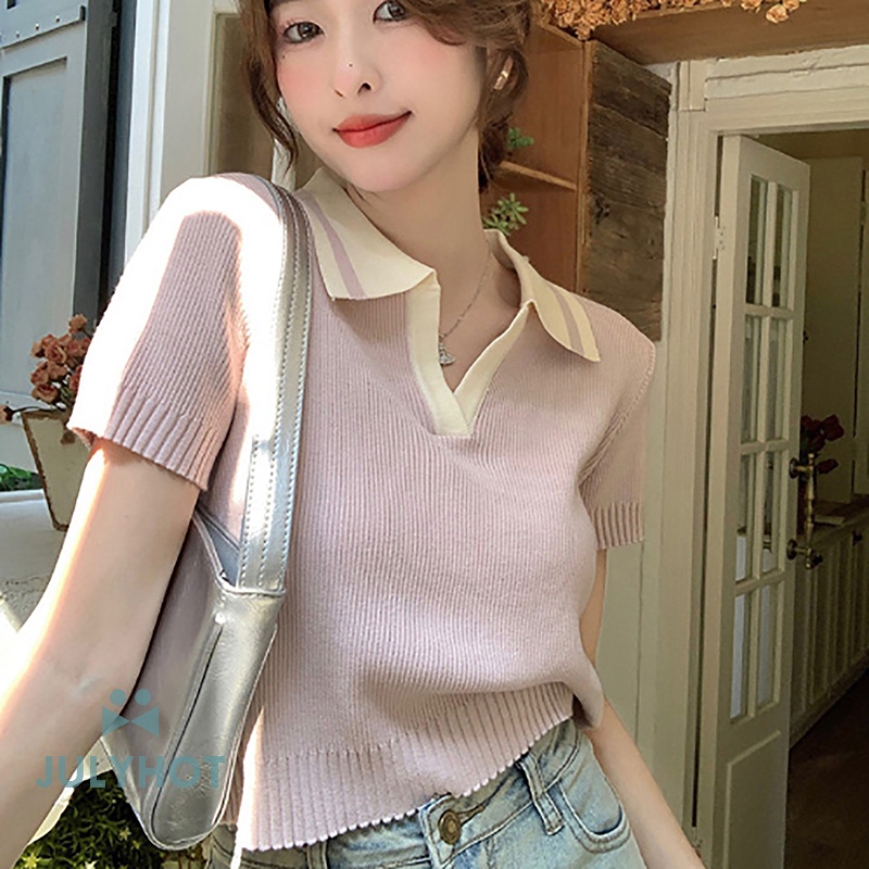 Áo Thun Dệt Kim Tay Ngắn Màu Tương Phản Thời Trang Mùa Hè Cho Nữ