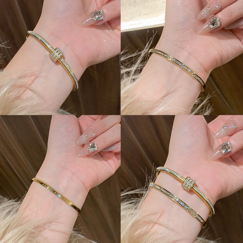Vòng Tay Thép Titan Mạ Vàng Đính Đá zircon Đơn Giản Chất Lượng Cao Cho Cặp Đôi