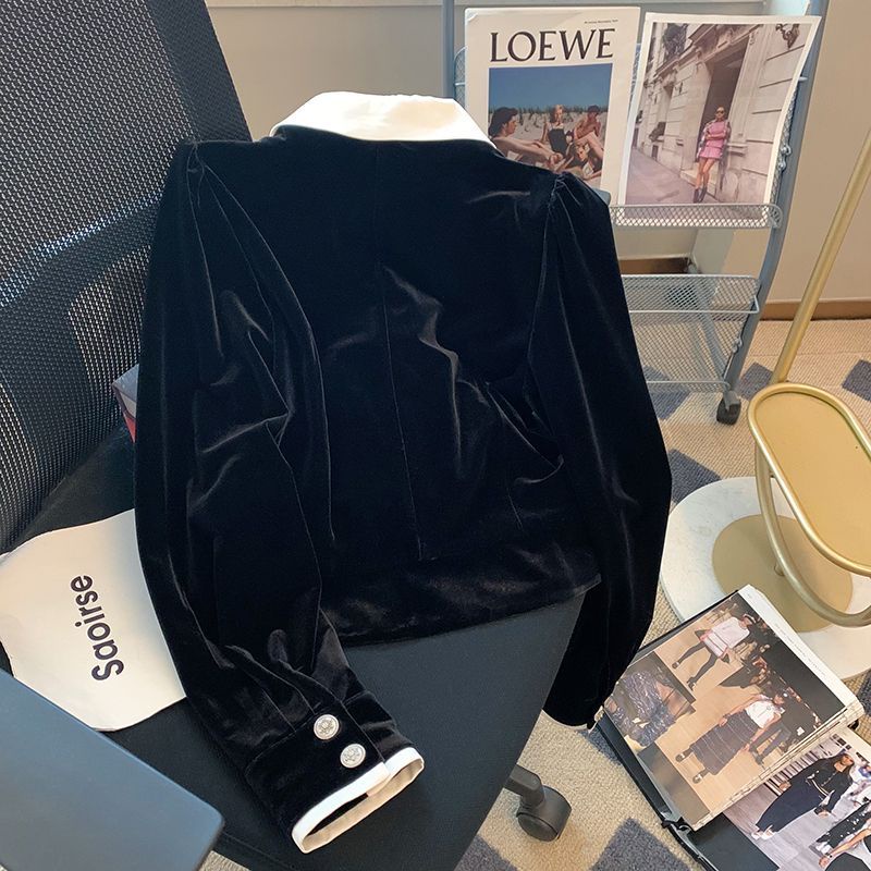 Áo Sơ Mi Nhung Cổ Búp Bê Màu Tương Phản Thời Trang Mùa Xuân Cho Nam Và Nữ