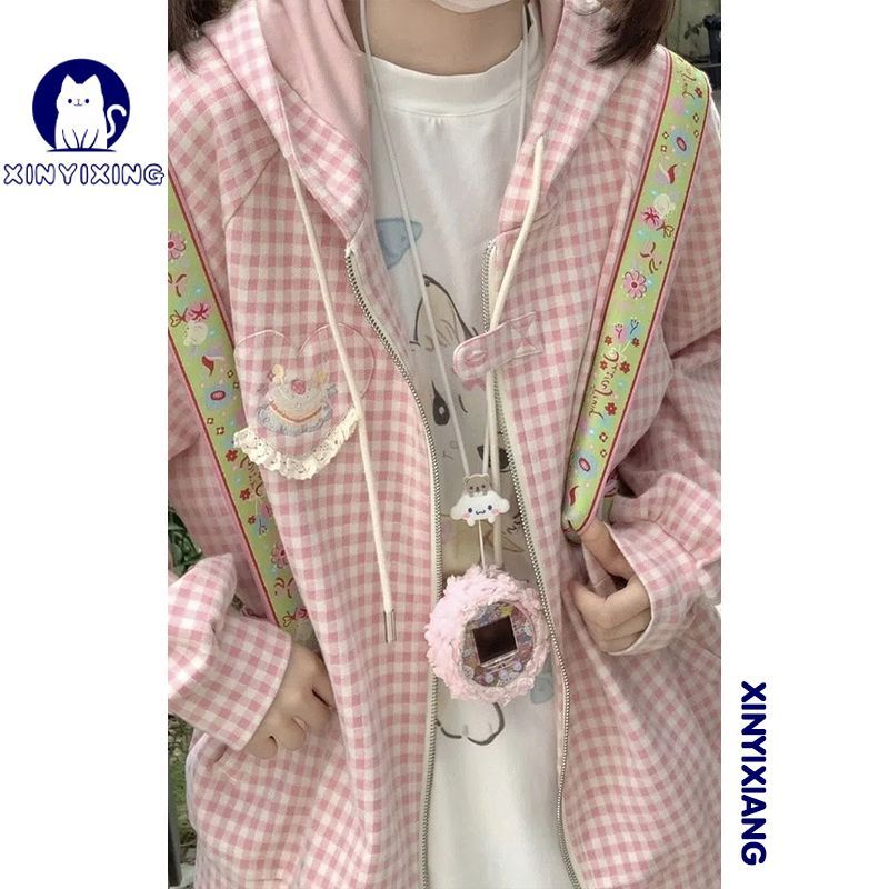 Áo Khoác Hoodie Mỏng Dáng Rộng Thêu Hình Bánh Dâu Tây / Trái Tim Phối Khóa Kéo Kiểu Nhật Bản Thời Trang Xuân Thu Cho Nữ