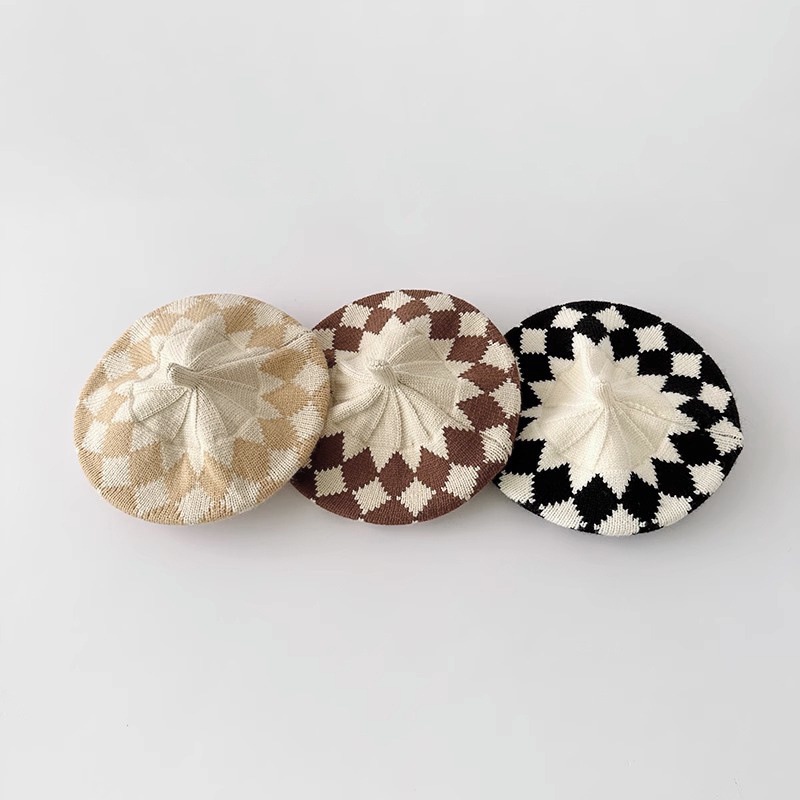 Mũ beret Dệt Kim Họa Tiết Hình Thoi Thời Trang Thu Đông Hàn Quốc Mới Cho Bé