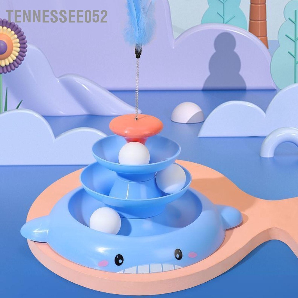 Tennessee052 Đồ chơi bóng bàn xoay cho mèo 3 cấp độ tương tác làm giảm sự nhàm chán của con tháp lăn đồ với thanh lông vũ và quả