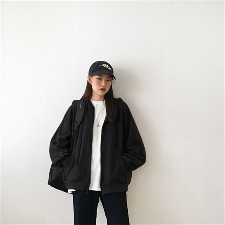 Áo Khoác cardigan Dáng Rộng Màu Đen / Xám Có Khóa Kéo Thời Trang Thu Đông Phong Cách Hàn Quốc Cho Cặp Đôi