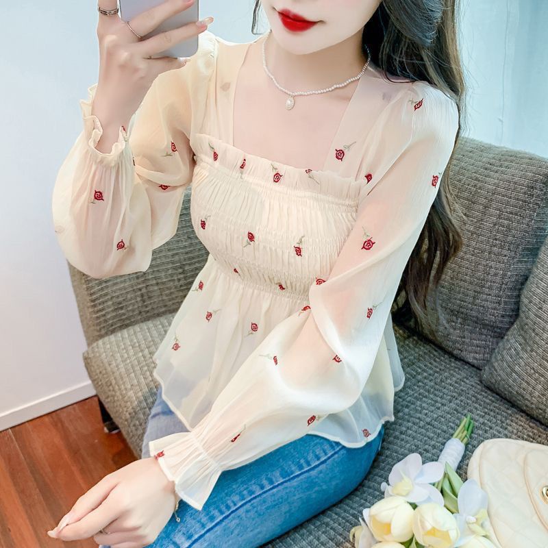Áo Sơ Mi chiffon Tay Dài Cổ Vuông In Họa Tiết Thời Trang Mùa Thu Cho Nữ