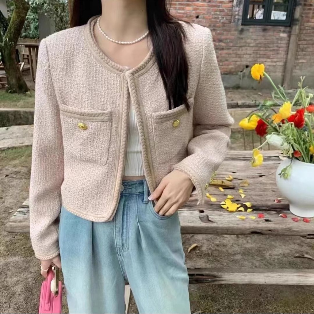 Áo Khoác Vải tweed Cổ Tròn Dáng Rộng Màu Hồng Phối Bèo Phong Cách Pháp Thời Trang Mùa Thu Cho Nữ