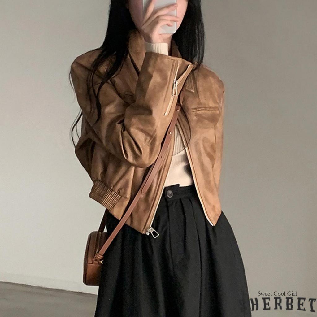 Áo Khoác Giả Da Phối Khóa Kéo Màu Trơn laa8-Sành Điệu Cho Nữ