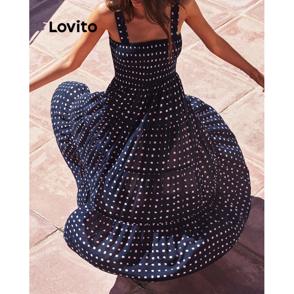 Lovito Đầm xòe tầng chấm bi thông thường dành cho nữ LNE27160 (Xanh đậm)