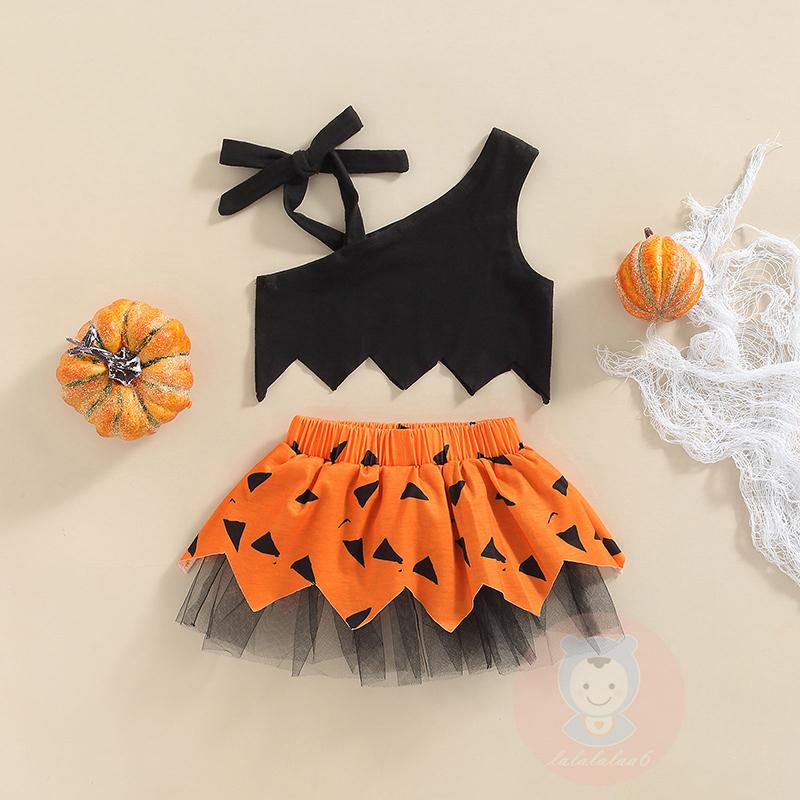 Laa6-áo crop Top Trễ Vai Buộc Dây Màu Trơn + Chân Váy Lưới Co Giãn Phong Cách halloween Cho Bé Gái