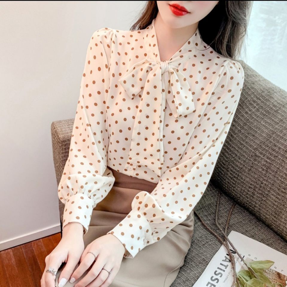 Áo Sơ Mi chiffon Tay Dài Cổ Thắt Nơ Họa Tiết Chấm Bi Kiểu Pháp Thời Trang Xuân Hè Hàng Mới Dành Cho Bạn Nữ size s-4xl