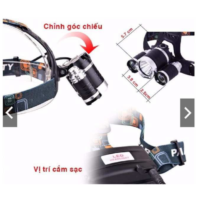 Đèn Pin Đội Đầu 3 Bóng Led T6 Siêu Sáng Tặng Kèm Sạc Và 2 Pin