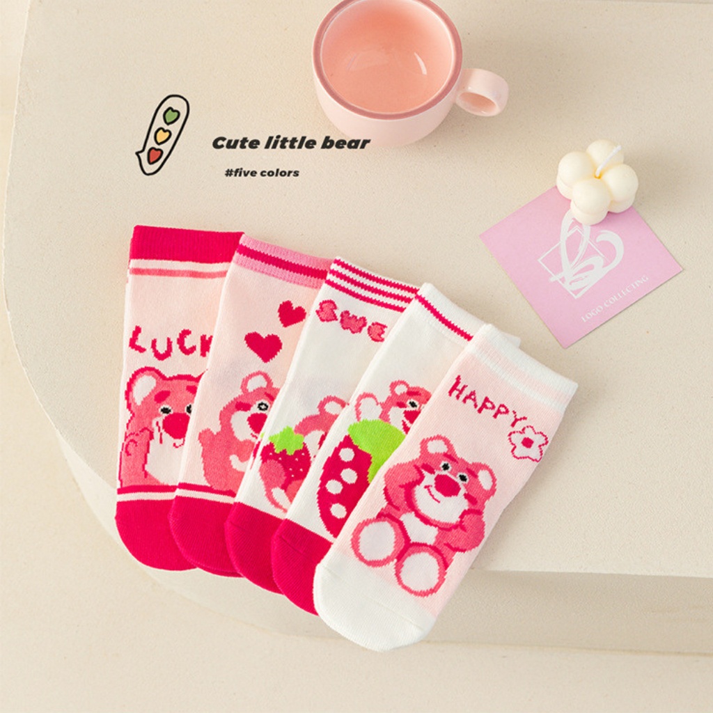Set 5 đôi tất len gấu dâu nhân vật hoạt hình dễ thương cho bé gái hàng quảng châu