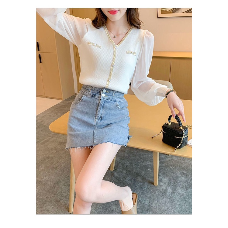 Áo Sơ Mi chiffon Dệt Kim Tay Dài Cổ Chữ v Thời Trang Mùa Thu Dành Cho Nữ