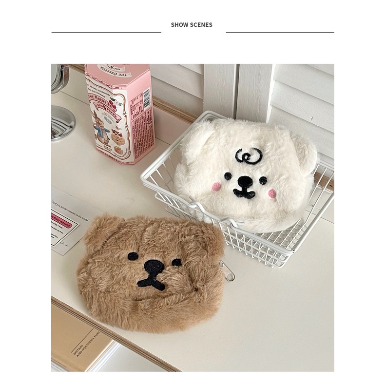 Túi Đựng Tiền Xu / Tai Nghe Bằng Lông Nhung Mềm Mại Thêu Họa Tiết Gấu Hoạt Hình Dễ Thương