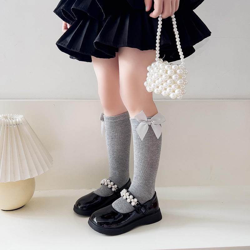 Vớ cotton Cổ Vừa Màu Trơn Đính Nơ Phong Cách Công Chúa Hàn Quốc Thời Trang Mùa Thu Cho Bé Gái