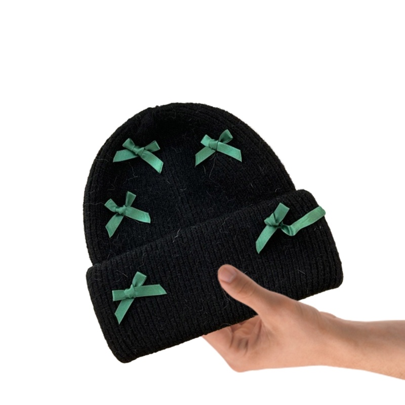 Mũ Beanie Đính Nơ Co Giãn Chống Gió Giữ Ấm Tai Thời Tiết Lạnh Đáng Yêu Cho Nữ
