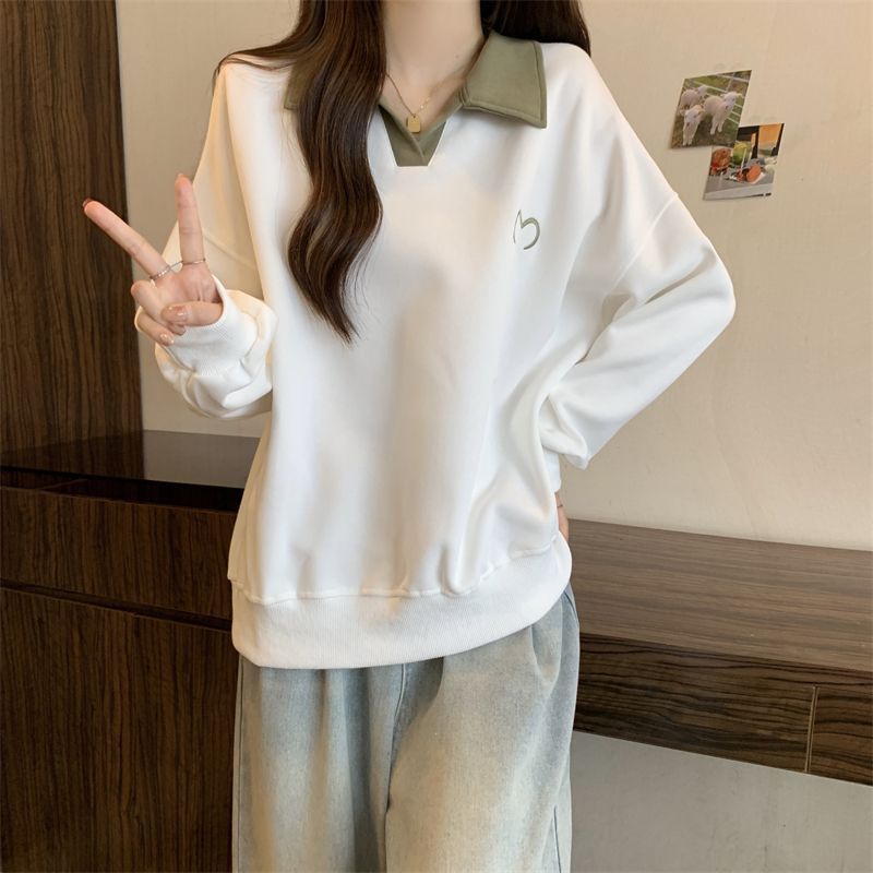 Áo Sweater Cổ Polo Dáng Rộng Màu Sắc Tương Phản Thời Trang Mùa Thu Cho Nữ