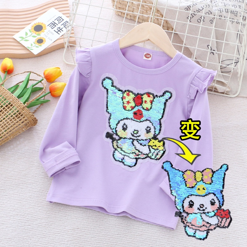 Áo Thun cotton Tay Dài Đính Kim Sa Thay Đổi Màu Sắc Họa Tiết Hoạt Hình Dành Cho Bé Gái