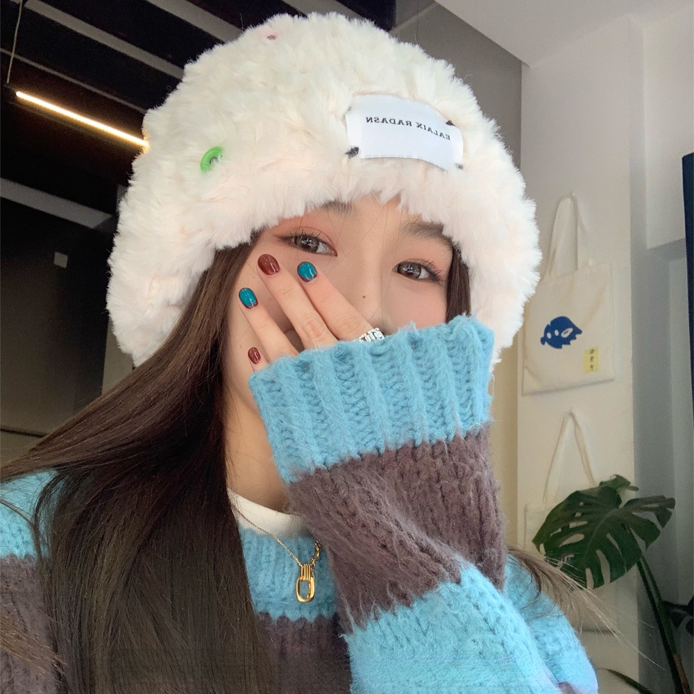 Plus Mũ bucket Dệt Kim Phối Lông Nhung Phong Cách Thời Trang Hàn Quốc