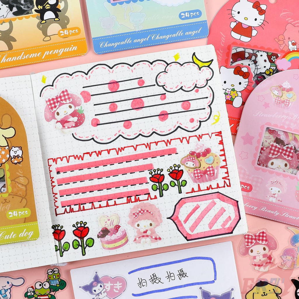 SANRIO ❣️Bộ 24 Miếng Dán Trong Suốt Hình hello kitty / my melody / kuromi / cinnamoroll❣️Tự Làm Nhật Ký Sổ Lưu Niệm Trang Trí Đề Can Dán
