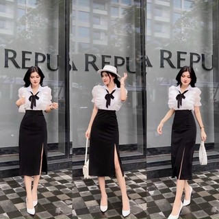 Set đồ nữ đẹp ⚡𝙎𝙄𝙀̂𝙐 𝙎𝘼𝙇𝙀⚡ Set áo bèo 2 lớp cài nút thật kèm chân váy siêu xinh